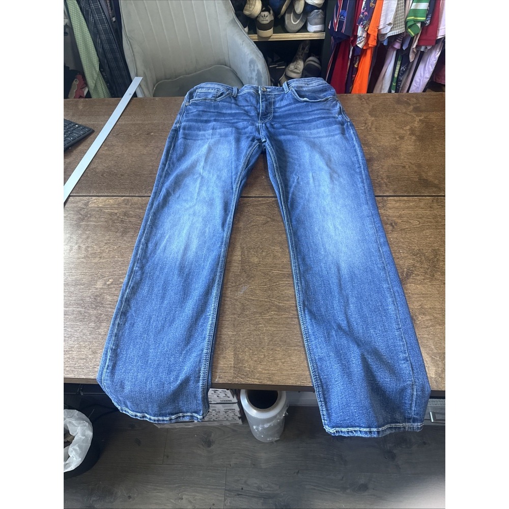 Buckle BKE Derek Men's Blue Jeans 36x32 Faded Straight Thick Stitch